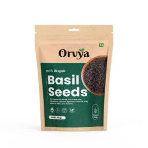 Orvya Organic Basil Seeds (Sabja/Tukmaria), 100g, Gluten-Free, Rich in Fibre, for Drinks and Desserts