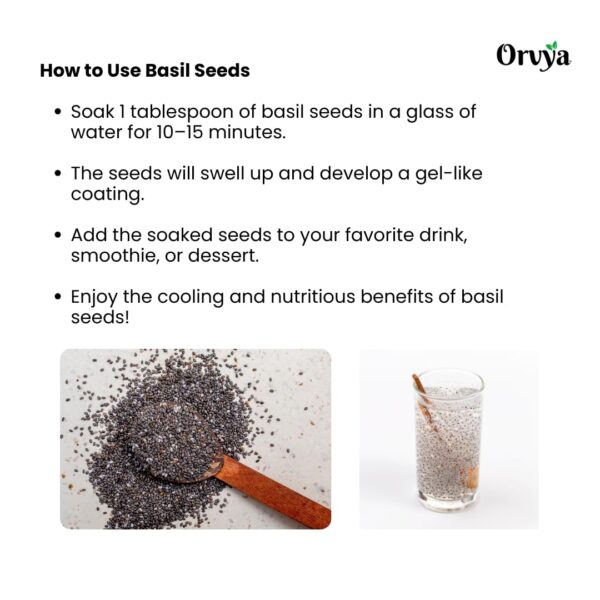 Orvya Organic Basil Seeds (Sabja/Tukmaria), 100g, Gluten-Free, Rich in Fibre, for Drinks and Desserts - Image 3