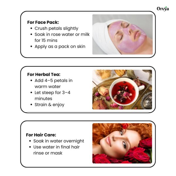 Orvya Dried Rose Petals, 100% Pure Natural Sun-Dried, for Skin Care, Hair Masks, Herbal Tea - Image 3